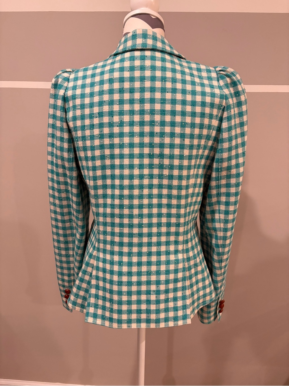 Smythe Pouf Sleeve Aqua Check Gingham Blazer - Picture 5 of 8